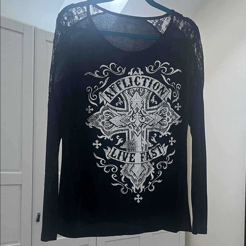 Affliction Women's Black Graphic Long Sleeve Tee with Lace Cold Shoulder